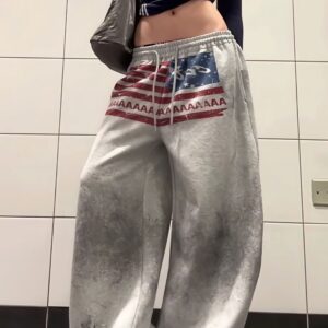 Retro Gray Graphic Drawcord Baggy Sweat Pants